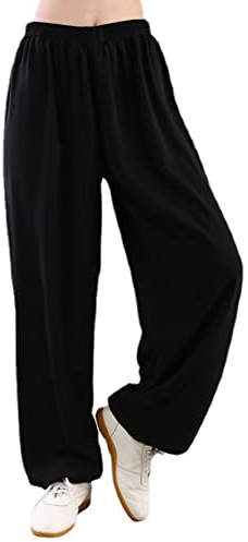 WoCOyo Taiji Training Hose Gemütlich Freizeit Chinesische Kampfkunst Tai Chi Kung Fu Qigong Shaolin Baumwolle Plus Seide Weite Beine Elastische Taille Tai Chi Kung Fu Hose für Damen Herren,001,S