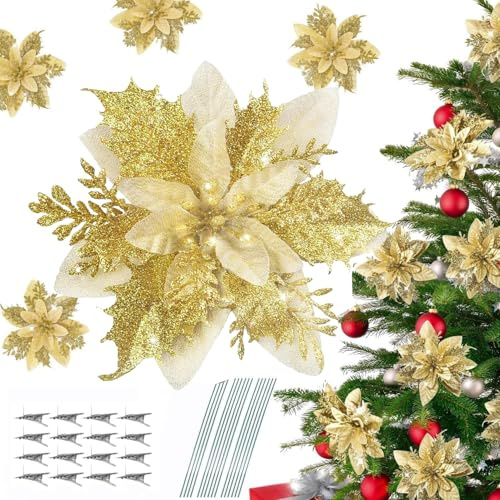 Guidre 16 stycken julgnistrande julstjärna blommor konstgjorda julblommor bröllop julgran nyår ornament, med klämmor + stjälkar, för jul bröllop fest krans gör-det-själv dekoration