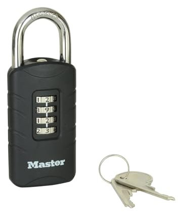 Master Lock 656EURDBLK Candado de combinación con llave de repuesto uso en exteriores, 120 x 48 x 20 mm
