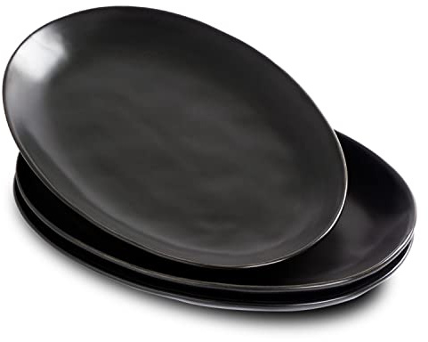 Magclay Porcelain Serving Platters, 12 Inch Large Serving Trays, Oval Serving Plates for Dessert Appetizers Meat/Entertaining/Party, Set of 3, Matte Black
