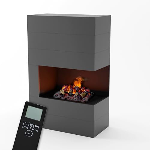 GLOW FIRE Wasserdampf Kamin TUCHOLSKY rechts (Standkamin) - Elektrokamin mit realistischen LED 3D-Flammen, Knistereffekt & Fernbedienung, 90x140 cm - Opti-Myst 500 Elektro Kamin mit Holz-Deko, Grau