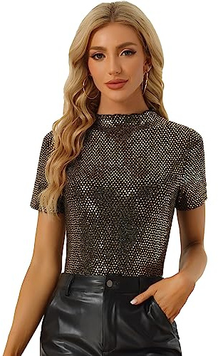 Allegra K Haut à Paillettes pour Chemisier de soirée Scintillant à Manches Courtes et col Montant pour Femme Costume Or M