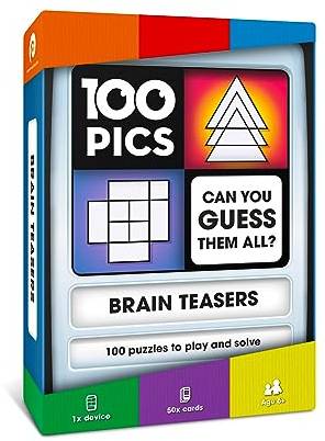 100 PICS Brain Teasers | Travel Game | Flash Cards with Slide Reveal Case | Card Game, Gift, Stocking Filler | Hours of Fun for Kids and Adults | Age 6+