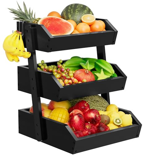 Bamboo 3 Tier Fruit Basket For Counter, Large Capacity Fruit Storage Countertop, Fruit Holder, Wooden Pantry Organizers and Storage, Kitchen Countertop Organizer With 2 Banana Hangers (Black)