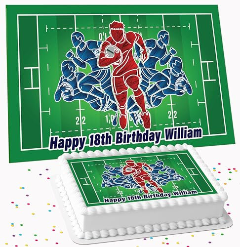 RUGBY BIRTHDAY PERSONALISED ICING EDIBLE LARGE CAKE TOPPER DECORATION SUITABLE FOR USE ON COSTCO CAKE R2-4127