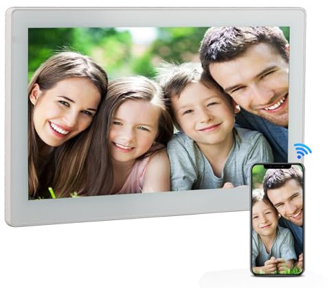 Sxhlseller 15,2 Zoll Digitaler Bilderrahmen - 1920 X 1080P IPS WiFi Touchscreen Fotorahmen, teilen Sie Fotos und Videos über die App mit 8 GB Speicher für Familie Geschenke (weiß)