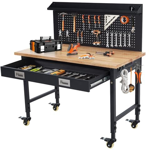 Oak & Carbon Steel Heavy Duty Adjustable Height Workbench - 28-39.5 H, 48 x 24 Top, 2000lbs Capacity