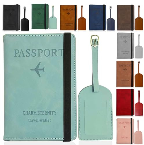 Jeal23 Set Funda Pasaporte + Etiqueta de Maleta | Porta Documentos con Bloqueo RFID | Viajes Accesorios Unisex (Azul Claro)