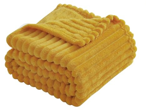 Linecooo Mustard Yellow Fleece Throw Blanket 50”×60” for Couch Sofa Bed,Super Soft Cozy Plush Microfiber Flannel Blanket with Stripes Design Lightweight for Adults,Woman,Girls