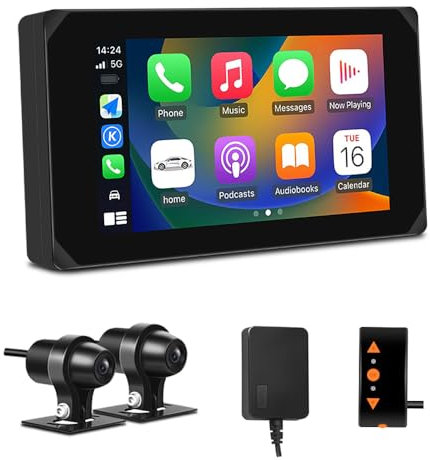 VSYSTO Carplay para Motocicleta, 5 Pulgadas Carplay Portátil con Soporte, Inalámbrico CarPlay para Moto, Dashcam Delantero Trasero 1080P, Pantalla Táctil Impermeable con Bluetooth, Navegación GPS