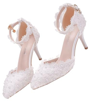 SAFIGLE Zapatos De Novia Sin Tirantes De Color Blanco Punta Puntiaguda Encaje Para Boda y Fiesta De Mujer