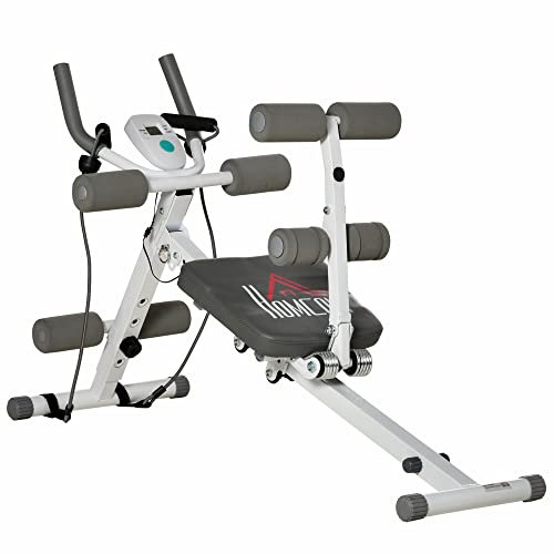 HOMCOM 2-in-1 Bauchtrainer, Bauchmuskeltrainer mit verstellbare Bauchmuskelbank, höhenverstellbarer Trainer mit LCD-Anzeige, für Muskelaufbau, Fitness, belastbar bis100 kg, Stahl, Weiß+Grau