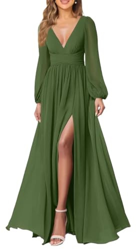 Vestido de dama de honor de gasa con cuello en V y bolsillo formal de manga larga para boda, verde oliva, 44