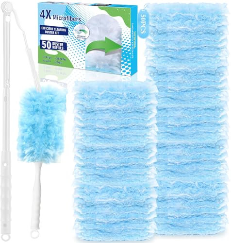 POWZOO 50 Piezas Plumero Duster Kit, 360° Atrapa Polvo,con 1 Barras Telescópicas y 1 Asas,Recambios de Plumero Atrapapolvo,Paño de Microfibra,Plumeros Antiestático,para Pelo de Animales,Polvo,Suciedad