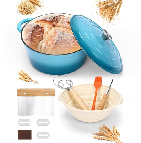 6 QT - Forno per pane in ghisa smaltata con coperchio, forno olandese per la cottura del pane, con lievito naturale, accessori per la cottura del pane come cestino per la lievitazione del pane, zoppa