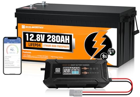 ECO-WORTHY LiFePO4 Bluetooth 12V 280Ah con Cargadores 12/24V 20A,Bateria Litio 12V 280AH con 200A BMS protección Baja Temperatura y MAX. 15000 ciclos para Autocaravana,Caravana,Barco