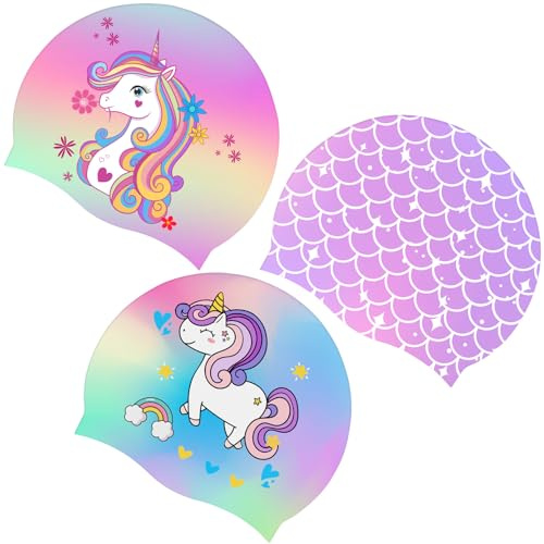 Tivcck 3 Pcs Kids Swim Caps, Silicone Swimming Cap, Waterproof Bathing Cap Keep Hair Dry, Kids Swim Caps for Boys Girls Toddler, Cartoon Swimming Hat for Long and Short Hair