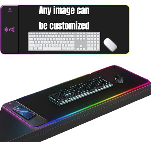 Personalised RGB Gaming Large Mouse Pad with 15W Wireless Charging Personalized with Photo Text Pad Desk Pad Illuminated Mouse Pad for Wireless Standard Phones (900 * 300 * 4)