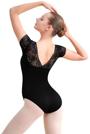 DANSHOW Justaucorps de danse noir avec empiècement en dentelle et dos en V pour femme