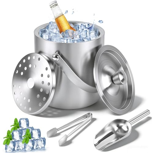 Gaethra 2L Stainless Steel Ice Bucket, Double-Layer Thermal Insulation Ice Bucket with Lid, Strainer and Ice Tong, Keeps Drinks Cold 6-8 Hours, for Parties, Bars, Perfect for Cooling Drinks, Beer