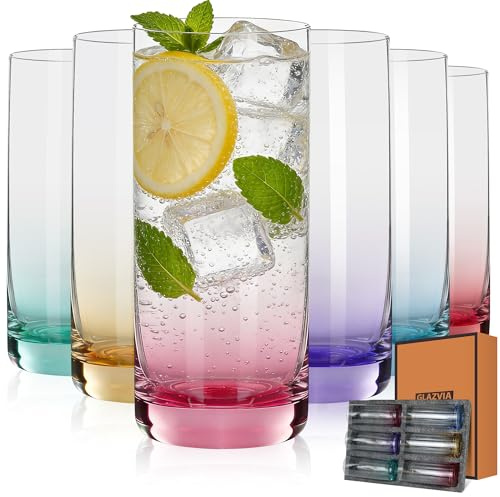 GLAZVIA Colored Highball Glasses Set of 6, Drinking Glass for Mixed Drink