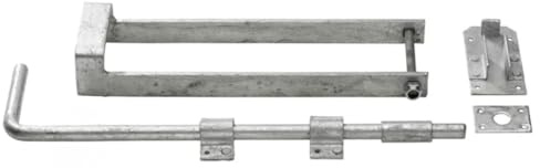 Galvanised Double Gate Fastener Set with Drop Bolt, 18 Inch Drop Bolt, 14 Inch Throw Over Loop Latch, for Securing 3 Inch Thick Gates, Complete with Fixings