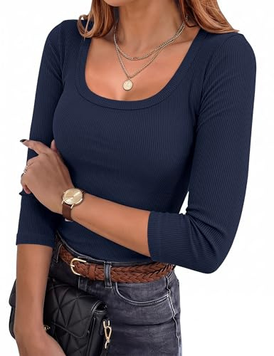 Aottori Camiseta Mujer Manga 3/4 Cuello Cuadrado Canalé Ajustada | Look elegante, Entretiempo, Ropa casual, Fondo de armario, Estilo minimalista, Color liso, Uso diario, Moda urbana