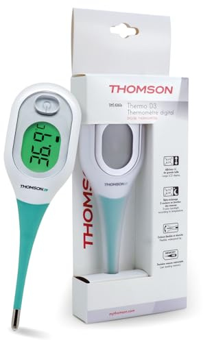 THOMSON Thermo D3 Termómetro digital – Fiebre bebé niño adulto – Medición rápida <10s, alta precisión, pantalla LCD retroiluminada 3 colores, memoria – Uso oral axilar rectal – impermeable IP27