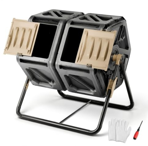 Composteur Rotatif 140 L en PP à Double Chambre, bac à Compost pour Jardin, Cuisine, terrasse et Patio