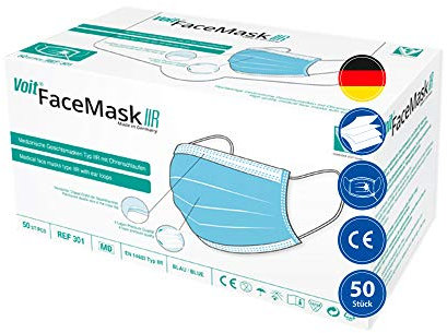 VOIT - Medizinische Gesichtsmaske Typ IIR EN 14683, 4-lagig, Einweg-Mundschutz, OP-Maske mit Ohrenschlaufen, atmungsaktiv, Made in Germany, 50 Stück