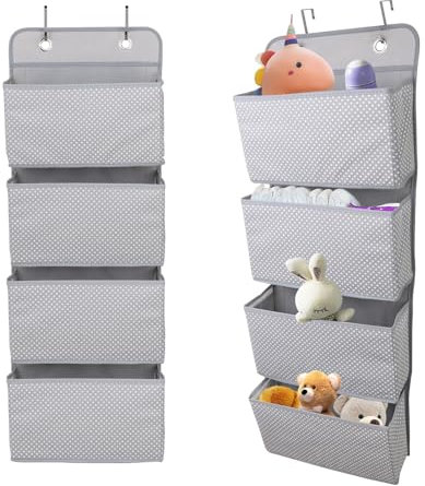 MangoKit Baby Over Door Hanging Organiser,Wardrobe Storage Organiser, Space Saving Furniture Storage for Bathroom Children's Room Nursery - Store Toys Diapers and Toiletries 4 Pocket (Gray)