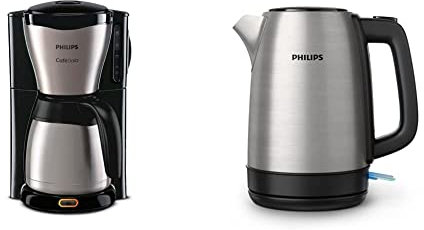 Philips Machine à Café Filtre - Verseuse Isotherme 1.2 L, Jusqu'à 15 Tasses, En Inox & Philips Bouilloire Électrique - 1.7 L, Couvercle à Ressort et Voyant Lumineux