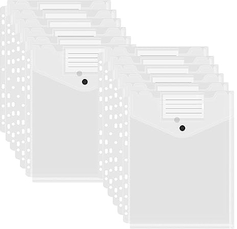 12pcs A4 Carpetas de plástico para documentos, 11 Agujeros Carpetas Transparentes para Anillas, Bolsa de Plástico Para Documentos A4 con Broches y Etiquetas, para Oficina, la Escuela y el Hogar
