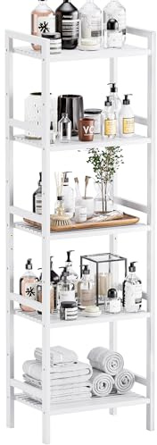 HITNET Estantería de Bambú, Organizador de Estante de Almacenamiento de Baño, Estantería de pie para Plantas con 5 Estantes Ajustables, Blanco
