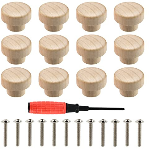 OTYMIOW Pomos Redondos de Madera Natural 3.5×2.5cm para Puertas, Cajones y Armarios - 12 Piezas Con Destornillador, Tornillos Largos - Para Mesilla de Noche