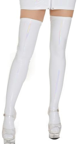 Maeau Medias de látex para mujer, sin soporte, calcetines de piel brillante, calcetines de piel de charol, calcetines con purpurina, elásticos, medias sobre la rodilla, M-3XL, Blanco, M