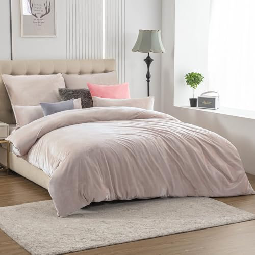 Soifox Ropa de cama de franela de invierno, 155 x 220 cm, color beige, mullida y cálida, funda nórdica + funda de almohada de 80 x 80 cm con cremallera