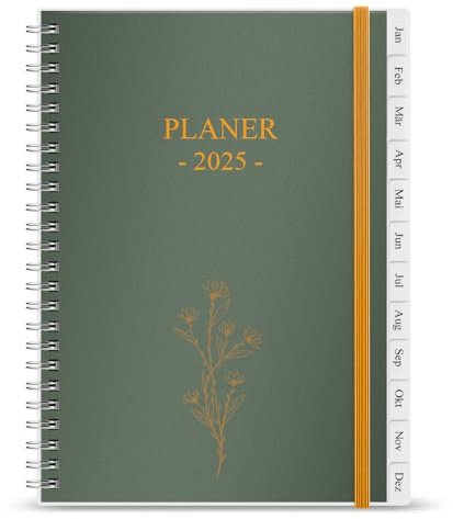 Terminplaner 2025 - Januar 2025 bis Dezember 2025, Kalender 2025 bis 30 Minuten-Intervalle, A5 Wochenplaner mit Monatsregistern, einfache Organisation des täglichen Lebens, 14,8×21cm, Gold Flower