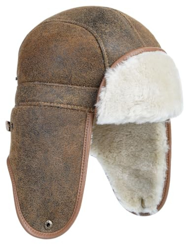 Harssidanzar Gorros de Invierno Gorros de Aviador para los Hombres Las Mujeres Piel de Cordero de Cuero de Sombrero Trapper CU610EU, Bronce, Talla L