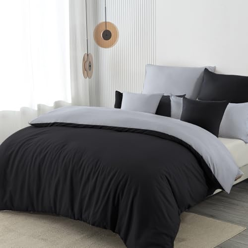 Nesture Bettwäsche 155x220 2teilig Schwarz/Grau Bettwäsche Sets Microfaser Wendebettwäsche 155 x 220, weich & bügelfrei 1 Bettbezug + 1 Kissenbezug 80x80cm mit Reißverschluss