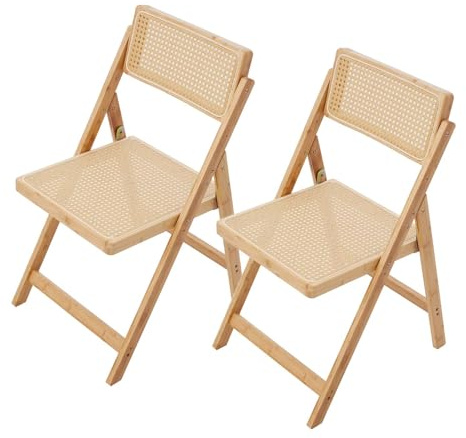 Warmiehomy Rattan Folding Dining Chairs Set of 2, No Assembly Required | Foldable Wooden Kitchen Dining Room Chairs for Living Room Bedroom Office Camping Garden, Indoor & Outdoor Use, Portable