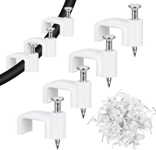 Andibro 100 Stück Flache Kabelklemmen, 10 mm Nagelschellen Kabelklemmen mit Stahlnagel Kabelhalter aus Kunststoff Wand Kabel Befestigungen Cable Clamp Weiß Kabelclips Kabelmanagement für Flachkabel
