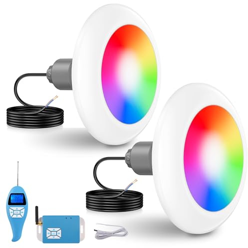 LyLmLe Faro Piscina LED con Filettatura Esterna 2, 25W Proiettore Piscina RGB Multicolore con Controller, Ø242mm, 12V AC Lampada per Piscinas Prefabbricate Vetroresina Fuori Terra Acciaio, Set 2