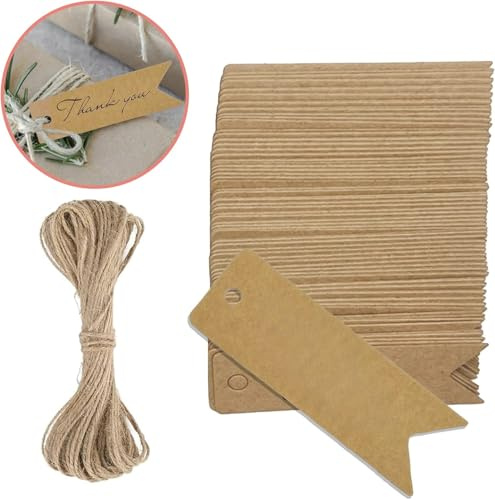 100 Pcs Etichette Regalo, Etichette Carta Kraft con Spago in Juta da 20M per Regali di Nozze Regali di Natale Feste Decorazioni per Regali (Marrone7*2cm)