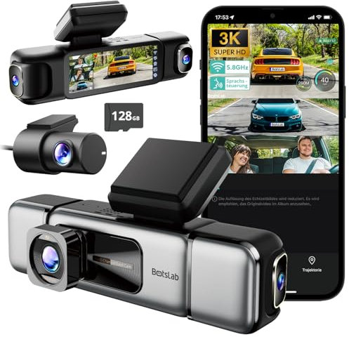 BOTSLAB 4 Kanal Dashcam Auto Vorne Hinten, 4 Channel 3K+3 * 1080P, Autokamera mit 128GB SD Karte, GPS 5GHz WiFi,3.18 IPS-Bildschirm,Super Nachtsicht,WDR, G-Sensor,Loop-Aufnahme,Parküberwachung