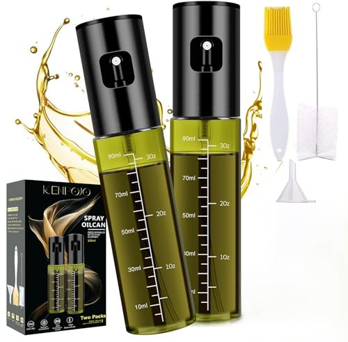 KENPOJO 2 Pezzi Nebulizzatore Olio, 100 ML Spruzzino Olio per Friggitrice Aria in Acciaio Inossidabile Vetro, Oliera Spray Oliva per Cucina con Imbuti, per Insalate/Grigliare/Pasta/BBQ