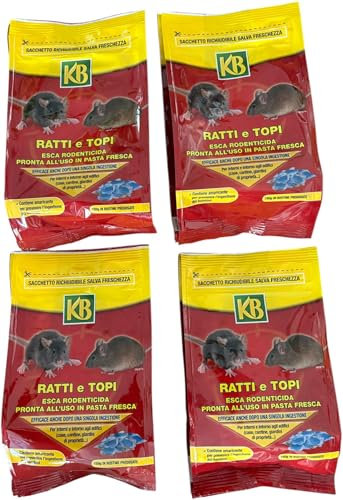 KB-Veleno per Topi-OFFERTA 4 Confezioni da 150 g in bustine predosate-Esca Rodenticida Pronta All'Uso in Pasta Fresca-Efficace Anche dopo una singola ingestione-Per interni ed Intorno agli Edifici.