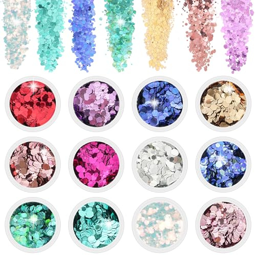 ALIIP Purpurina Polvo, 12 Piezas Conjunto de Purpurina para Glitter Maquillaje, Acrilico Chunky Glitter, Festival Brillantes para Ojos, Cara, Cuerpo, Pelo, Uñas, Manualidades Brillante Decoración (B)