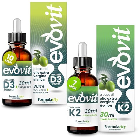 EVOVIT VITAMINA D3 + K2 (Bundle da 2) - In Olio Extravergine d'Oliva Italiano Spermuto a Freddo - Integratori Naturali, Alta Biodisponibilità - Senza Zuccheri, Glutine, Lattosio, Made in Italy