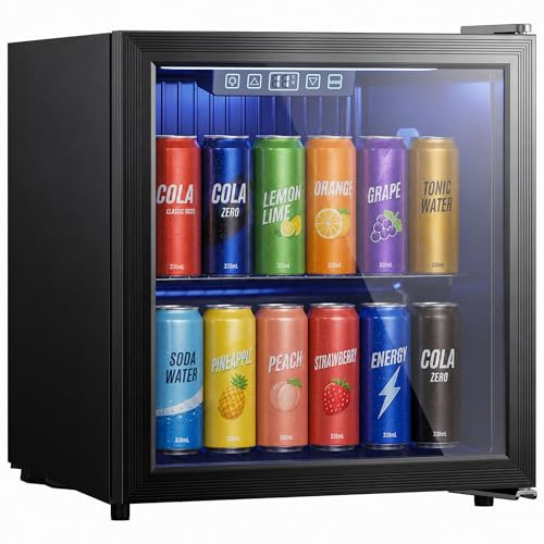 HOMCOM Frigorífico de Bebidas 50 L, Mini Nevera con Puerta de Vidrio Doble, Iluminación LED, Estante Ajustable, 2-18℃, para 48 Latas, Nevera Pequeña para Refrescos, Cerveza y Vino